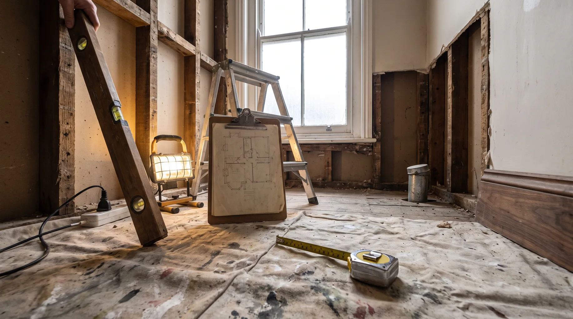 A spirit level and tape measure beside a hand-sketched floor plan on a clipboard during a bathroom survey in a part-stripped Edwardian bathroom near Sunningdale, exposed stud wall and soft window light.