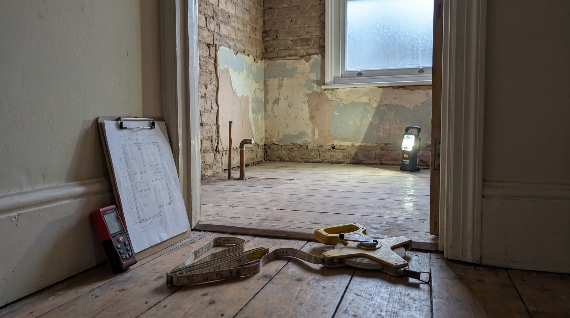 A folded tape measure and clipboard with a hand-drawn floor plan at the doorway of a stripped-back bathroom in Sunninghill, exposed capped pipework and patchy plaster under soft overcast window light.