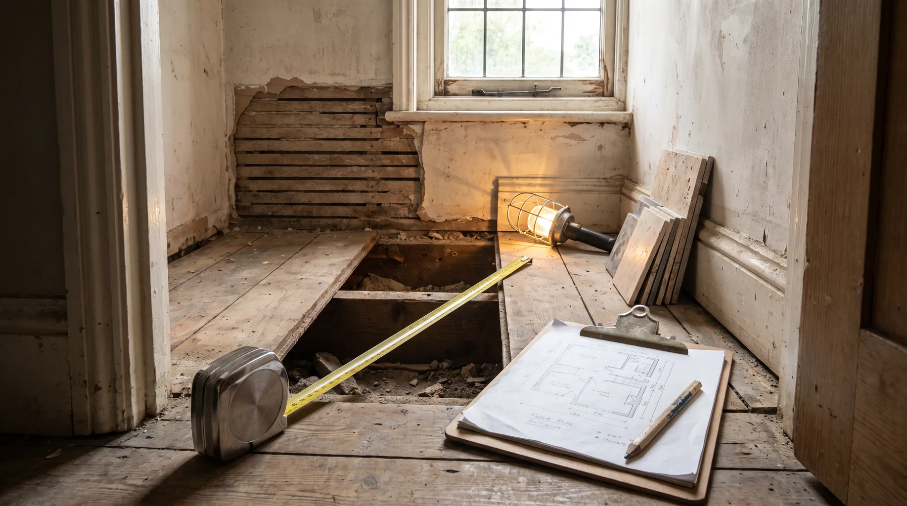 A brushed nickel tape measure and clipboard with a hand-drawn floor plan during a bathroom survey in a narrow, stripped period cottage bathroom in Twyford, exposed floor joists and plaster patch under soft daylight.