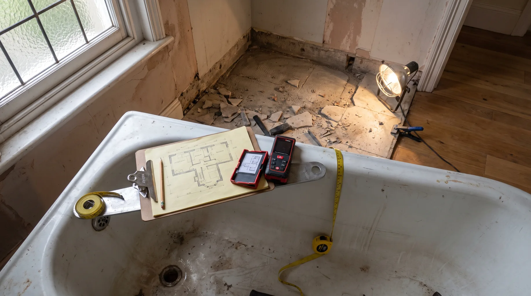 A laser measure and hand-drawn floor plan on a clipboard resting on a roll-top bath during a bathroom survey in a part-stripped period Virginia Water property, leaded window daylight and exposed screed floor.
