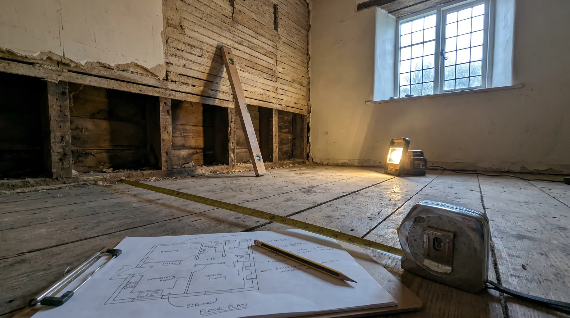 A tape measure and clipboard with a hand-drawn floor plan on a stripped timber floor during a bathroom survey in an older Warfield village-core cottage, exposed joists visible under cool window light.