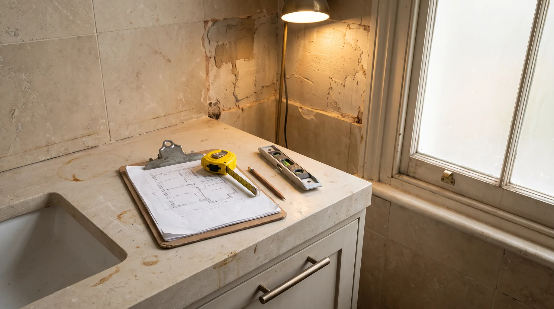 A clipboard with a hand-drawn floor plan and coiled tape measure on a honed limestone vanity during a bathroom survey in a part-stripped Wentworth Estate property, soft overcast sash-window light and exposed plaster wall.
