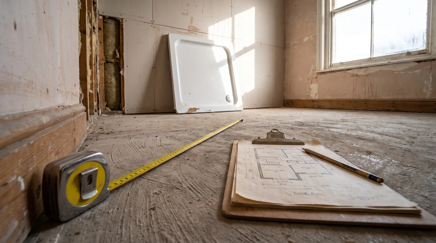 A tape measure and clipboard with a hand-marked floor plan laid out during a bathroom survey in a stripped-back bathroom in Windlesham, exposed plasterboard and a lifted shower tray visible under bright daylight.