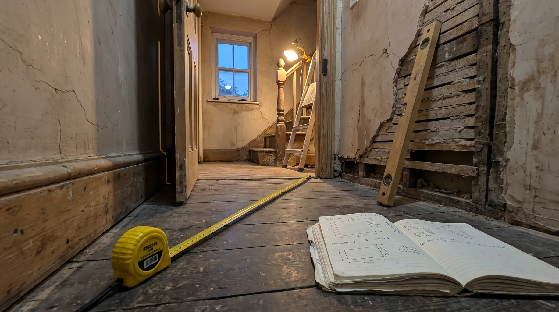 A spirit level and tape measure laid out during a bathroom survey in a stripped-back Georgian town house bathroom near Windsor's historic centre, a narrow period staircase visible through the doorway in fading evening light.