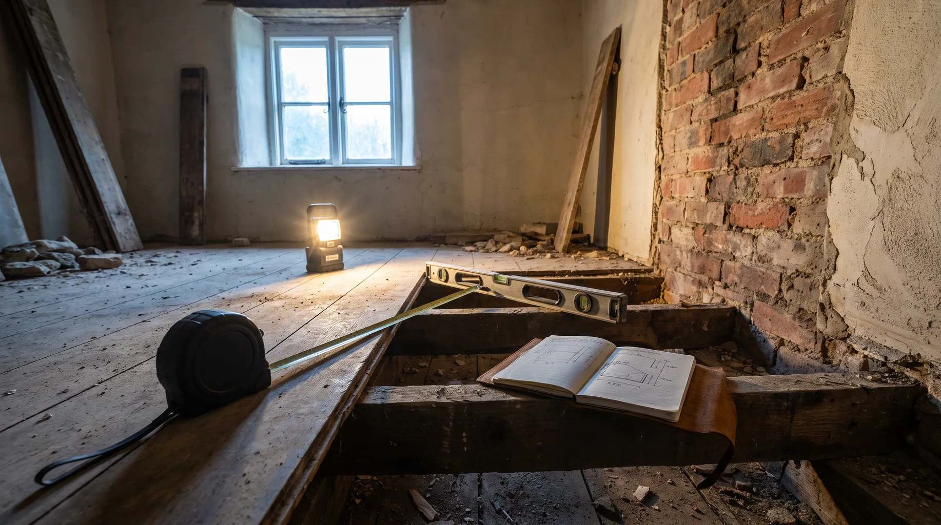 A matte black tape measure and spirit level laid across lifted floorboards and exposed joists during a bathroom survey in a period Winkfield cottage, exposed brick wall under soft morning light.