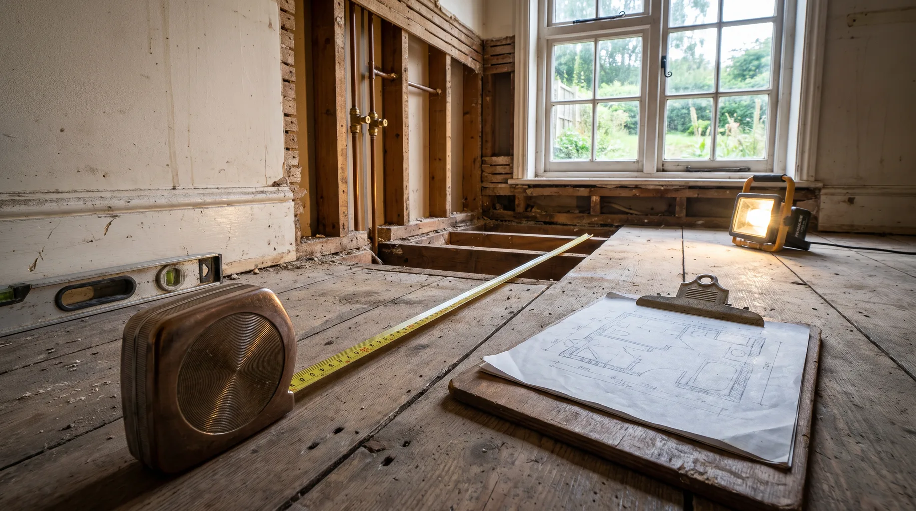 A brushed bronze tape measure and clipboard with a hand-drawn floor plan on a stripped timber floor during a bathroom survey in a standalone rural property near Winkfield Row, cool window light and exposed studwork.