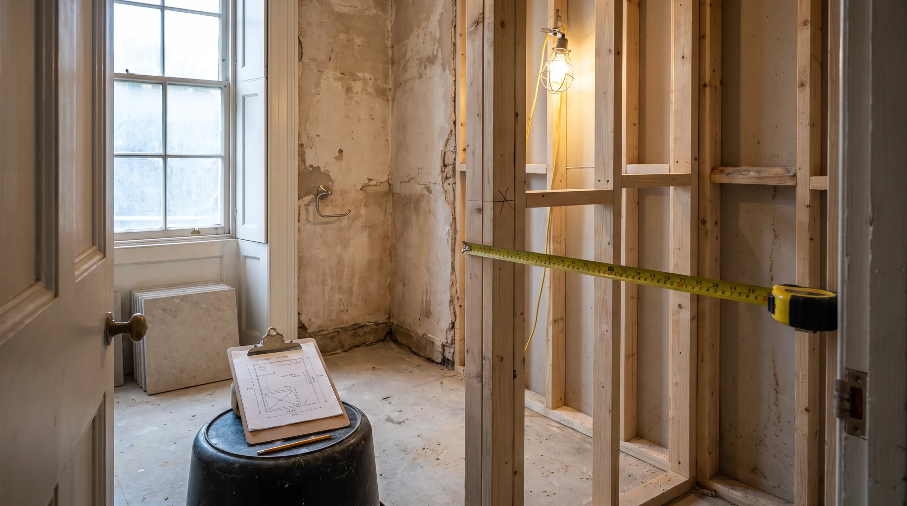 Tape measure across a part-built stud wall and clipboard sketch during a bathroom survey in a divided Georgian townhouse near Wokingham's market place