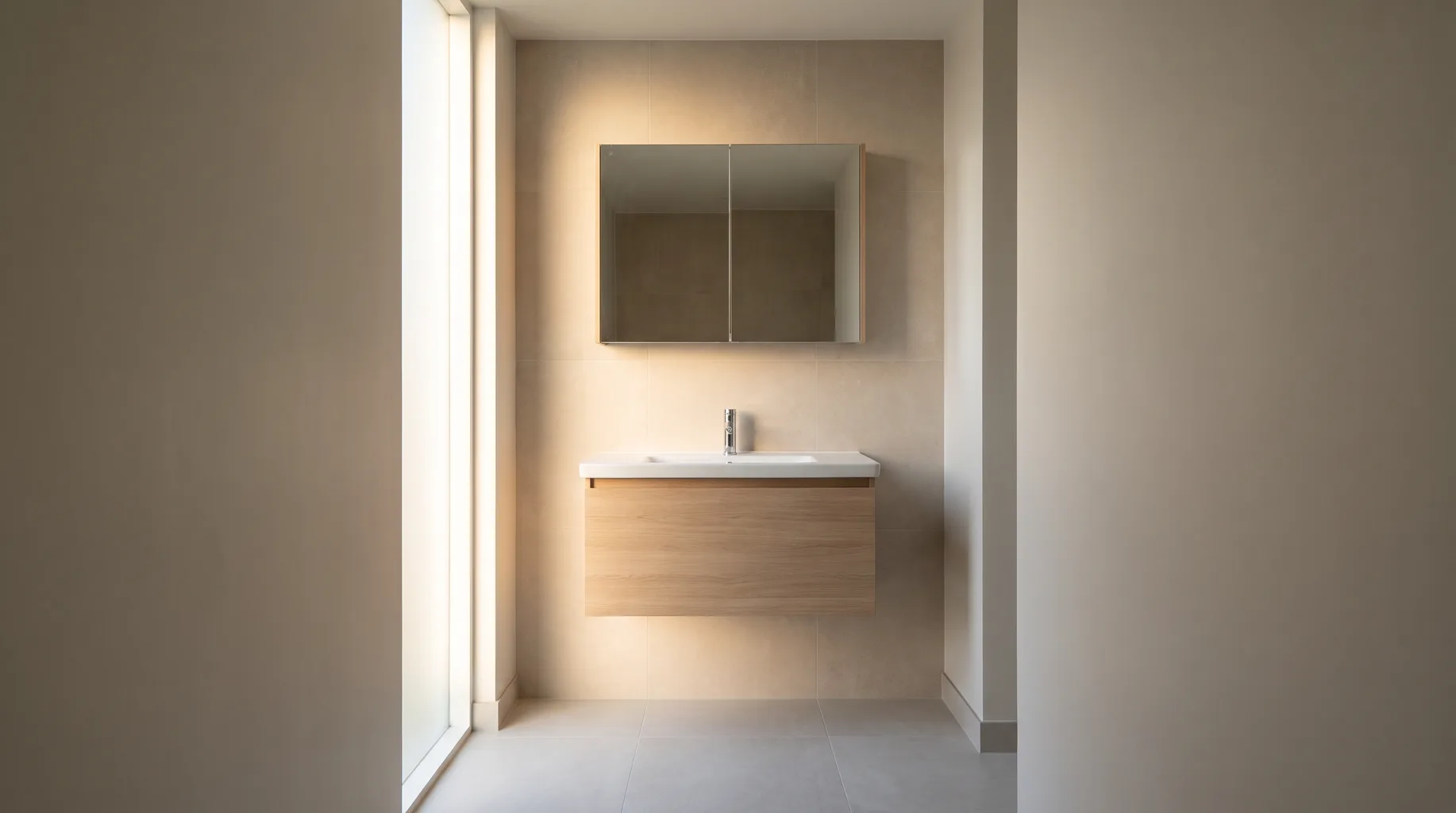 Simple finished vanity area with basin, chrome tap and mirror cabinet