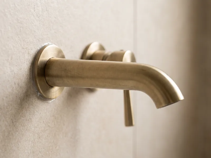 Macro detail of a brushed brass wall-mounted bath filler spout on a tiled wall