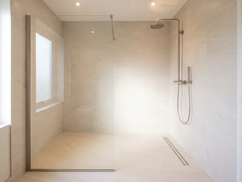 Finished walk-in wet room with glass partition and brushed nickel shower valve