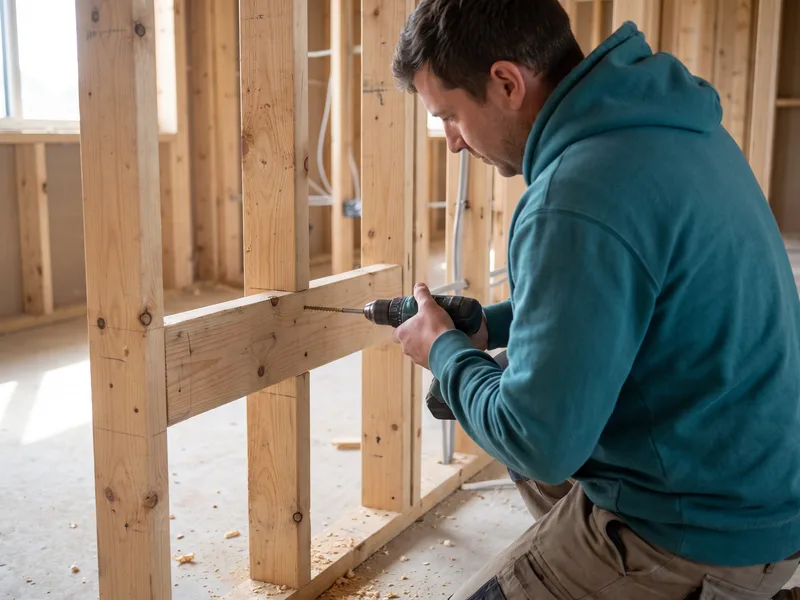 Installer fixing solid timber blocking between studs in an open wall at the height marked for a future grab rail, before boarding
