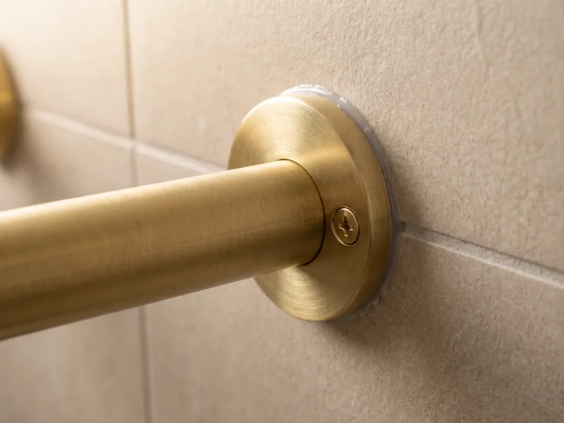 Macro detail of a brushed-brass grab rail mounting flange fixed flush against large-format porcelain tiling