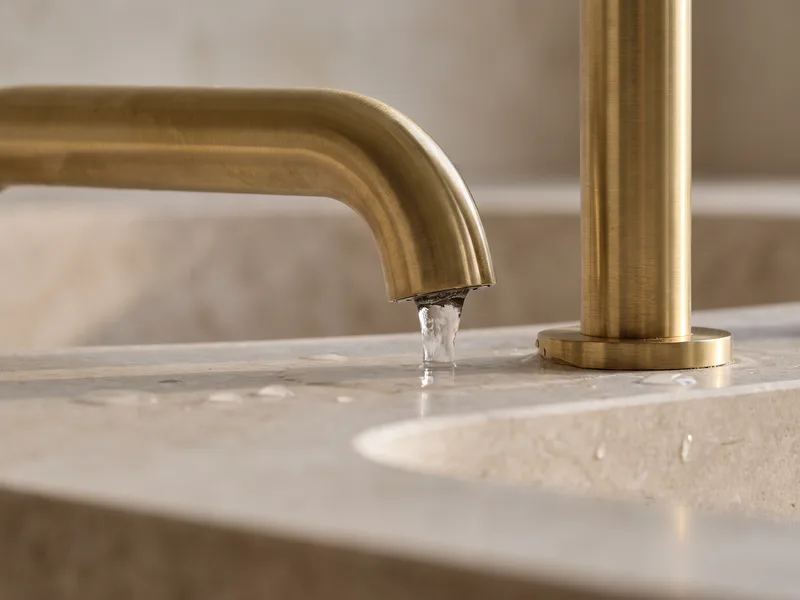 Macro close-up of a brushed brass freestanding bath filler with water flowing above a honed stone bath edge