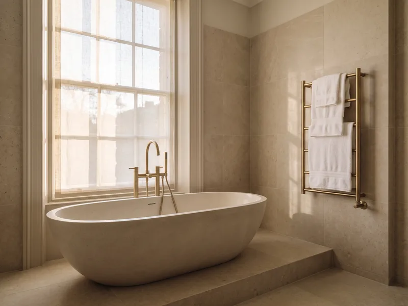 Finished luxury en-suite with a freestanding bath on a honed stone plinth beneath a period-proportioned window in Ascot