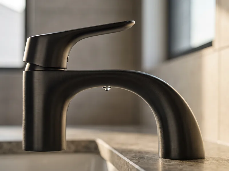 Close-up of a sculptural single-lever basin mixer in a brushed matte black finish