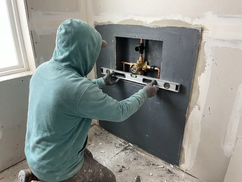 Installer using a spirit level to set a concealed shower valve rough-in before tiling