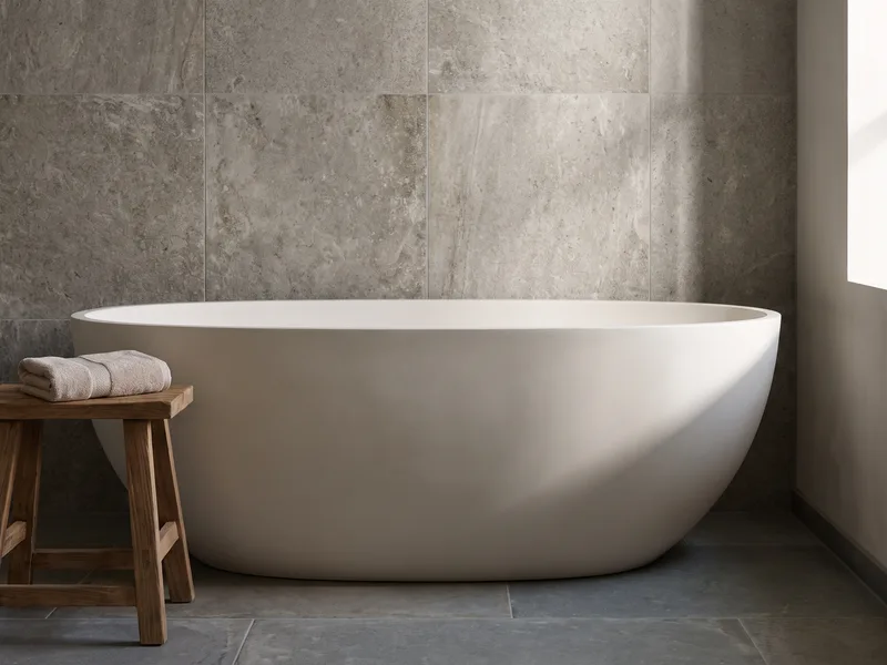 Finished freestanding stone-resin bath viewed along its length against a stone-grey tiled wall