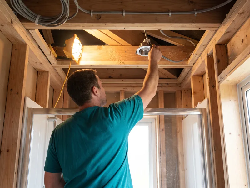 Electrician connecting a cable to a shower-rated downlight in an open ceiling void before plasterboard and tiling