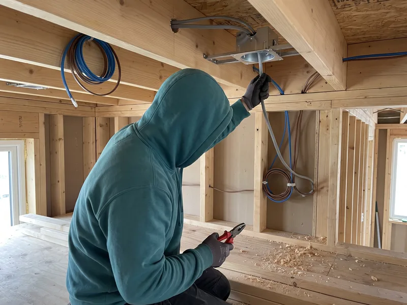 Installer running first-fix cabling for bathroom lighting