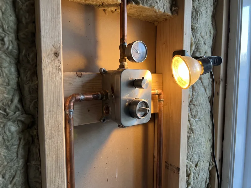 Close detail of a brushed bronze concealed shower valve body connected to pipework inside an open stud wall cavity