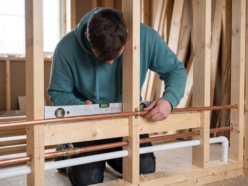Installer levelling and fixing a first-fix copper supply pipe to a noggin in an open stud wall, before plasterboard or tiling