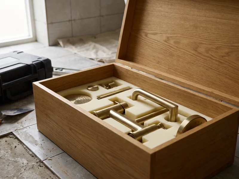 Brushed brass taps and shower fittings still boxed in protective foam trays, staged ready for second-fix installation