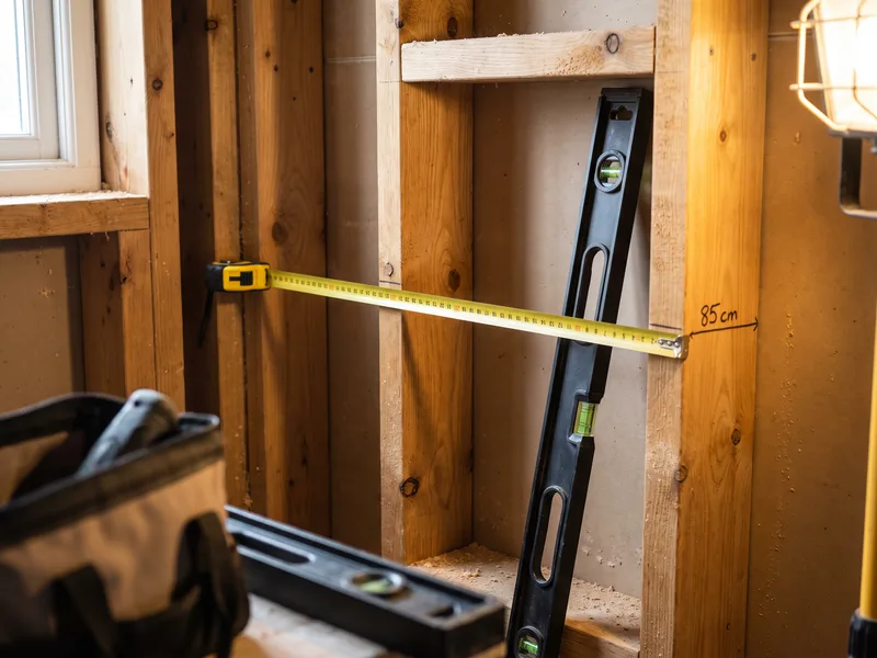 Close detail of a tape measure and spirit level resting against an open stud wall prepared for a concealed cistern frame, warm travertine stone visible nearby