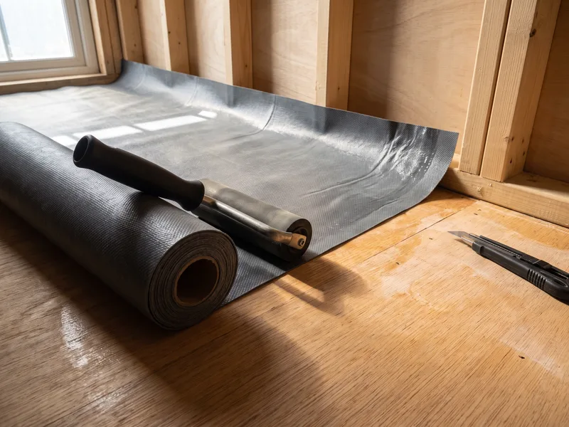 Close detail of a waterproof tanking membrane being rolled onto a timber subfloor before travertine tiling begins