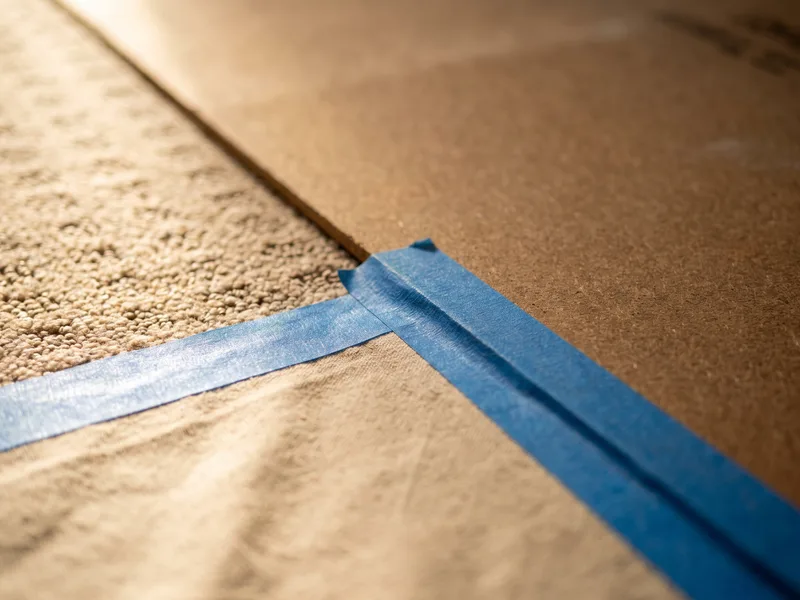 Macro detail of a taped join between a rigid floor protection board and a dust sheet laid over a carpeted hallway threshold