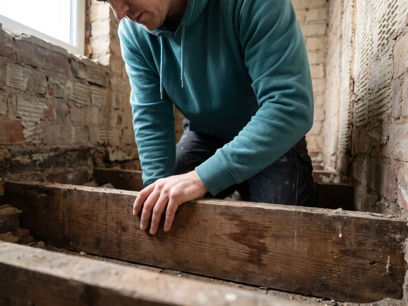 Installer inspecting an exposed floor joist for signs of damp or rot after strip-out, before any new pipework or flooring is installed