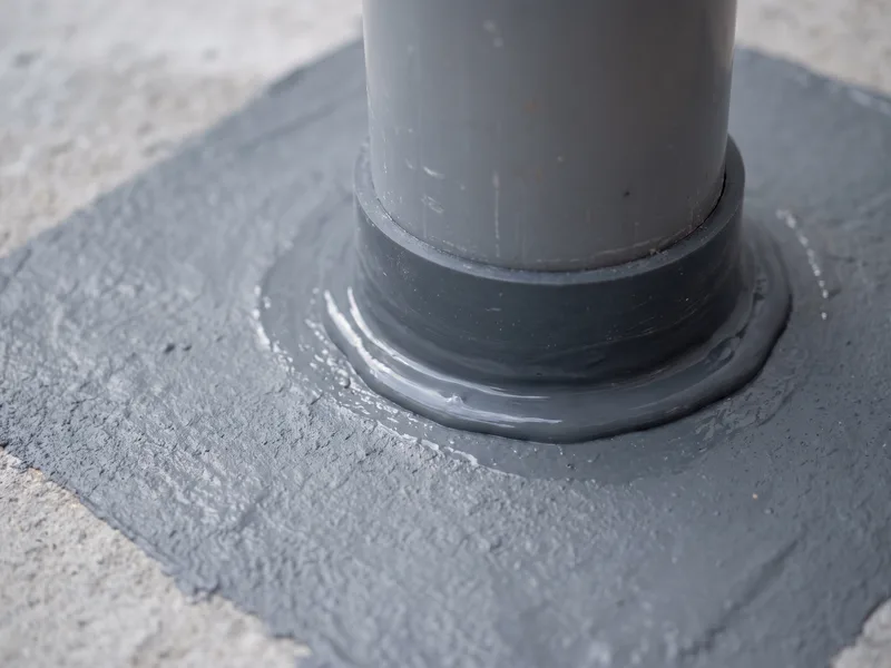 Close detail of a waste pipe penetration individually sealed with a waterproof collar within a cured tanking membrane