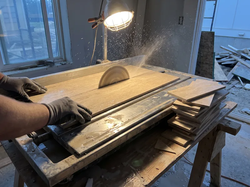 Fitter's hands using a wet tile saw to cut a travertine-toned porcelain tile for a recessed bathroom wall niche