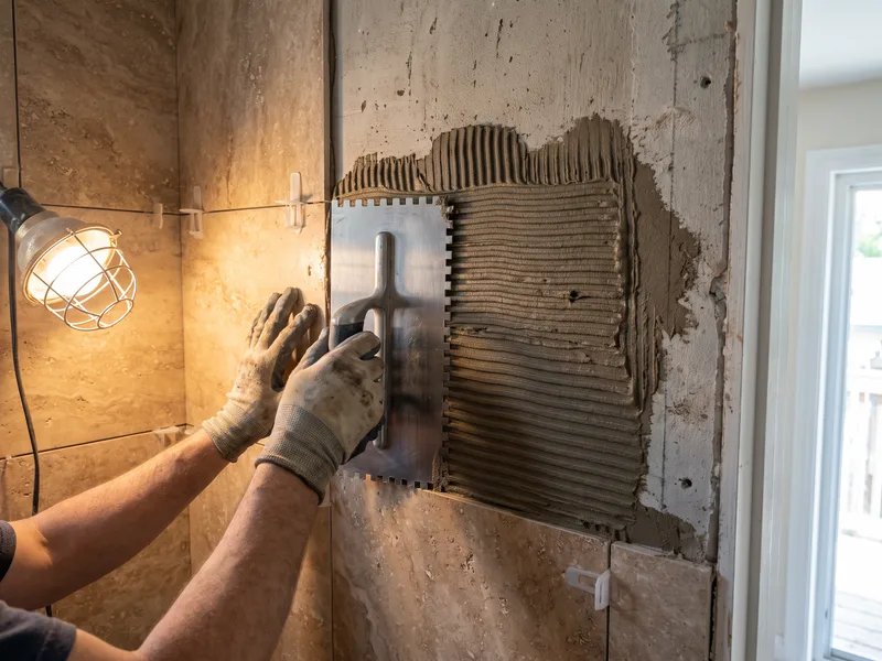 Close detail of a large-format travertine stone tile being bedded onto a bathroom wall with a notched trowel and levelling clips visible