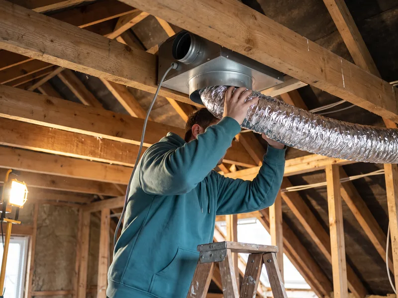 Installer fitting insulated flexible ducting onto a fan housing fixed between open ceiling joists, before the ceiling is closed up