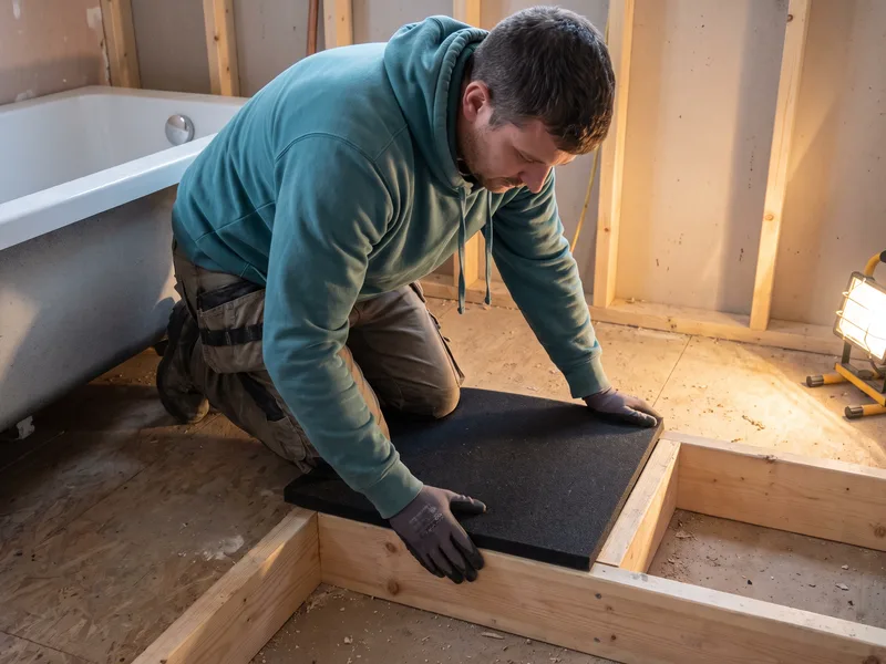Installer fitting an acoustic isolation pad to a timber support frame before a Bette steel bath is positioned
