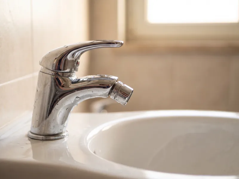 Close-up of a brushed bidet mixer tap