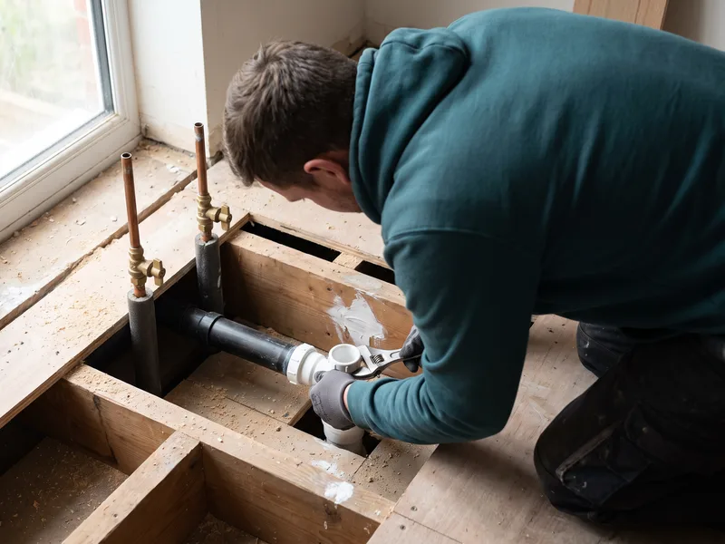 Installer connecting the waste and water supply for a bidet during first fix