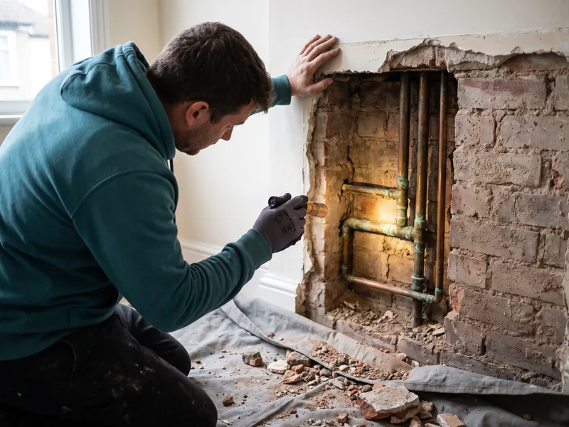 Installer inspecting an old copper pipe run exposed in a freshly opened masonry wall chase in a Binfield cottage