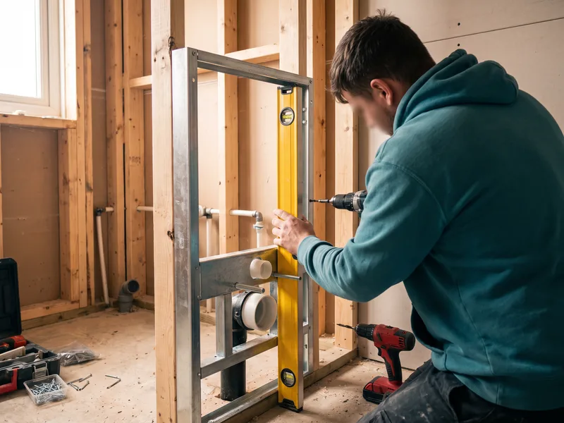 Installer fixing a wall-hung WC carrier frame to a stud partition during first fix in a Bracknell new-build bathroom