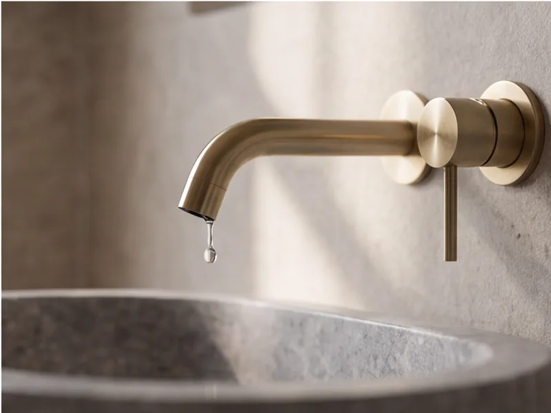 Macro detail of a brushed brass wall-mounted tap over a stone basin