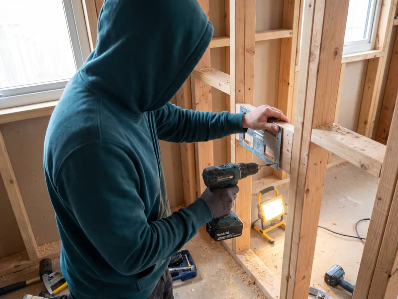Installer fixing a high-level cistern wall bracket to an open stud wall before tiling