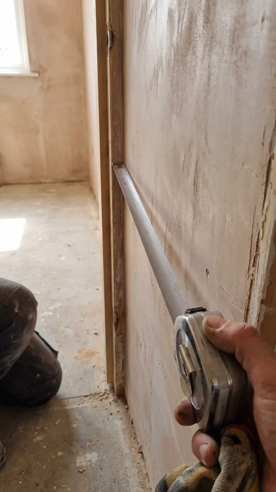 Tape measure held against a doorway opening to confirm clearance before ordering a freestanding bath or large vanity unit