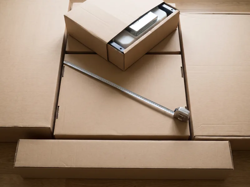 Overhead flatlay of staged cardboard boxes including a shower tray, tiles and a concealed cistern frame, sequenced against the installation programme
