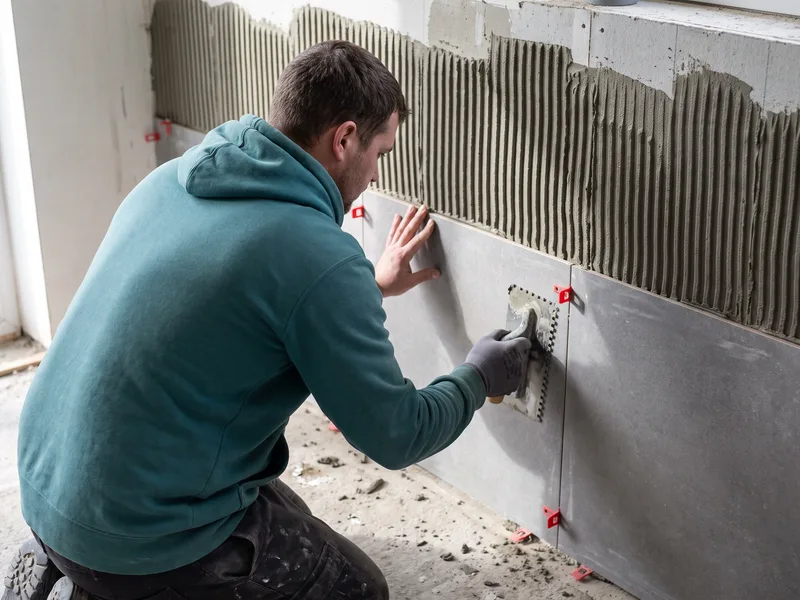 Installer pressing a large-format porcelain tile into freshly combed adhesive during a Camberley bathroom fit
