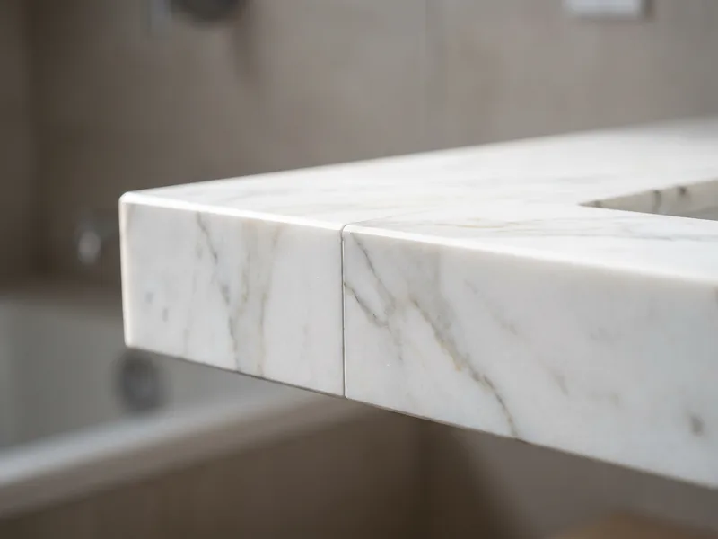 Close detail of a mitred marble vanity top edge where two slabs form a seamless continuous corner