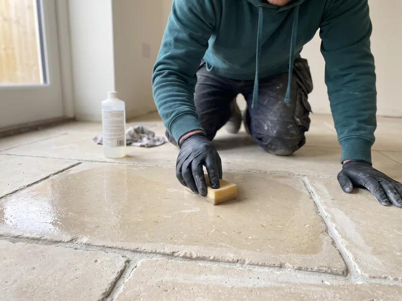 Installer applying clear sealer to a honed limestone floor tile before the joints are grouted