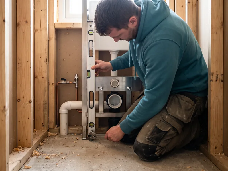 Installer levelling and fixing a slimline concealed cistern carrier frame in a narrow open stud wall, before boarding or tiling