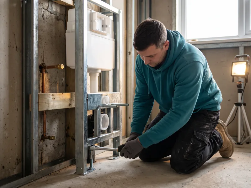 Installer bolting a freestanding steel carrier frame to the floor during first fix, before the stud wall is closed in