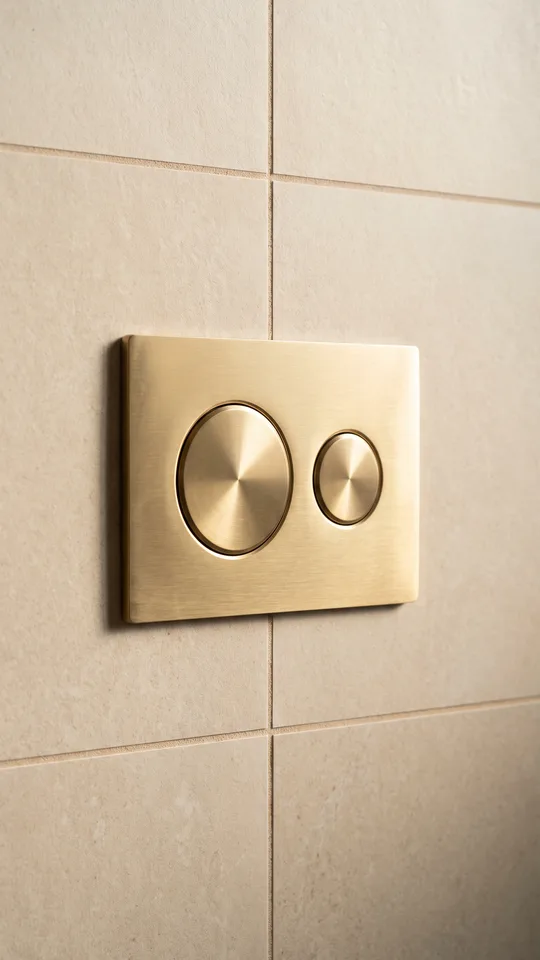 Close detail of a brushed brass dual-flush plate set into a finished tiled wall