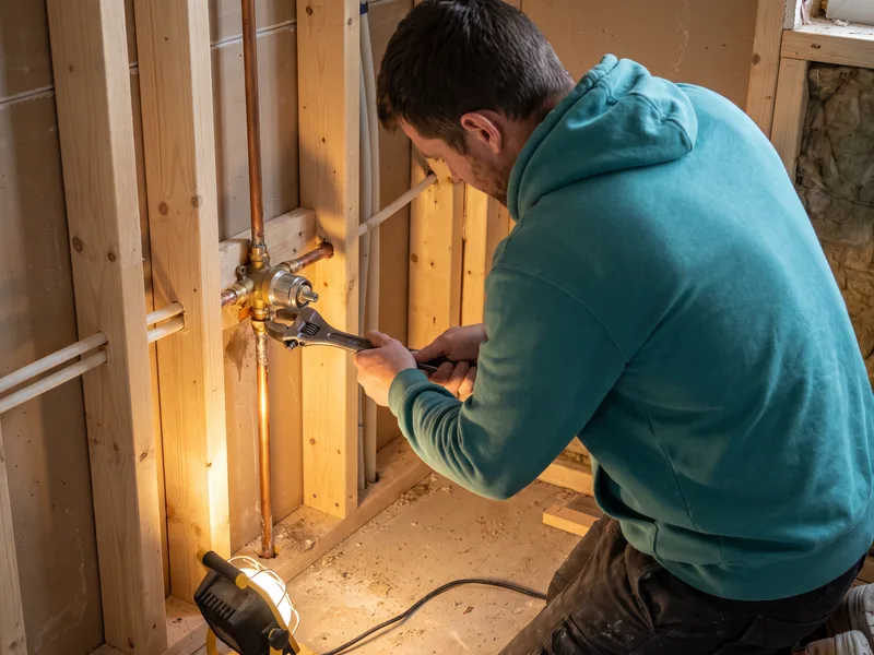 Installer connecting pipework to a concealed Crosswater shower valve body at first fix